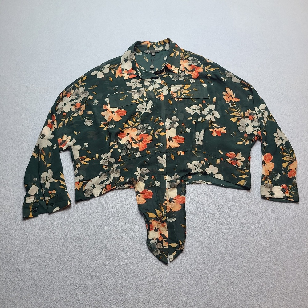 Adrianna Papell Button Front Tie Blouse Womens Small Green New Floral Cropped